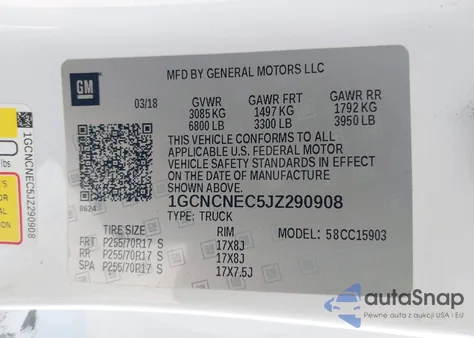 2018 Chevrolet Silverado 1500 Wt z USA, uszkodzony, nr VIN 1GCNCNEC5JZ290908